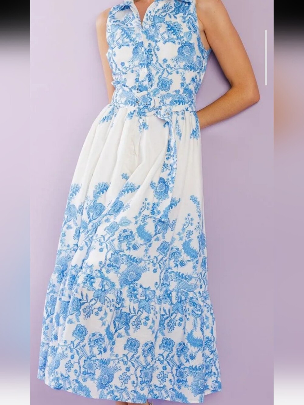 Flying Tomatoe Palm Shores Sleeveless Dress A-Line Tiered Skirt Med Blue/ivory